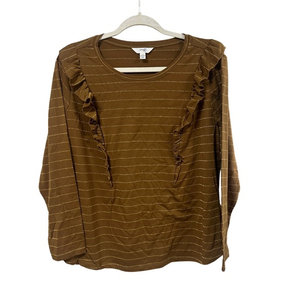 Terra & Sky Tops - Terra & Sky Brown Gold Metallic Striped Ruffle Long Sleeve Top Womens 1X 16W-18W